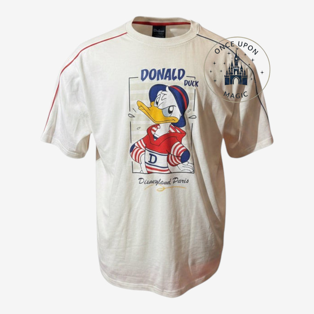 Once Upon Magic adult Donald Duck t-shirt in off-white with red shoulder stripes and official Disneyland Paris graphic
