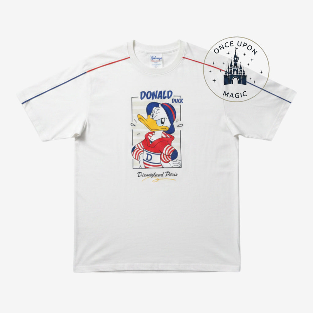 Once Upon Magic white adult t-shirt featuring a Donald Duck graphic print with Disneyland Paris branding.