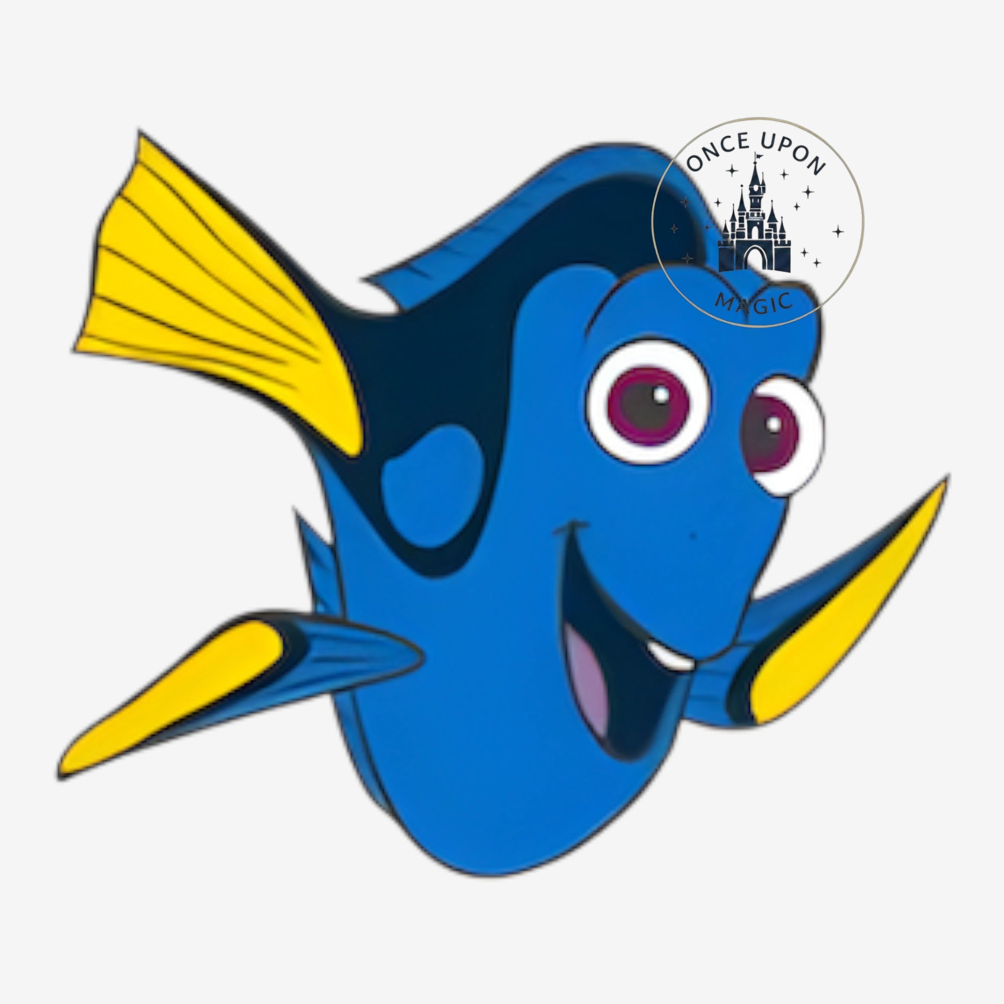 Once Upon Magic Dory enamel pin from Finding Nemo, featuring the blue fish with yellow fins and purple eyes, smiling.