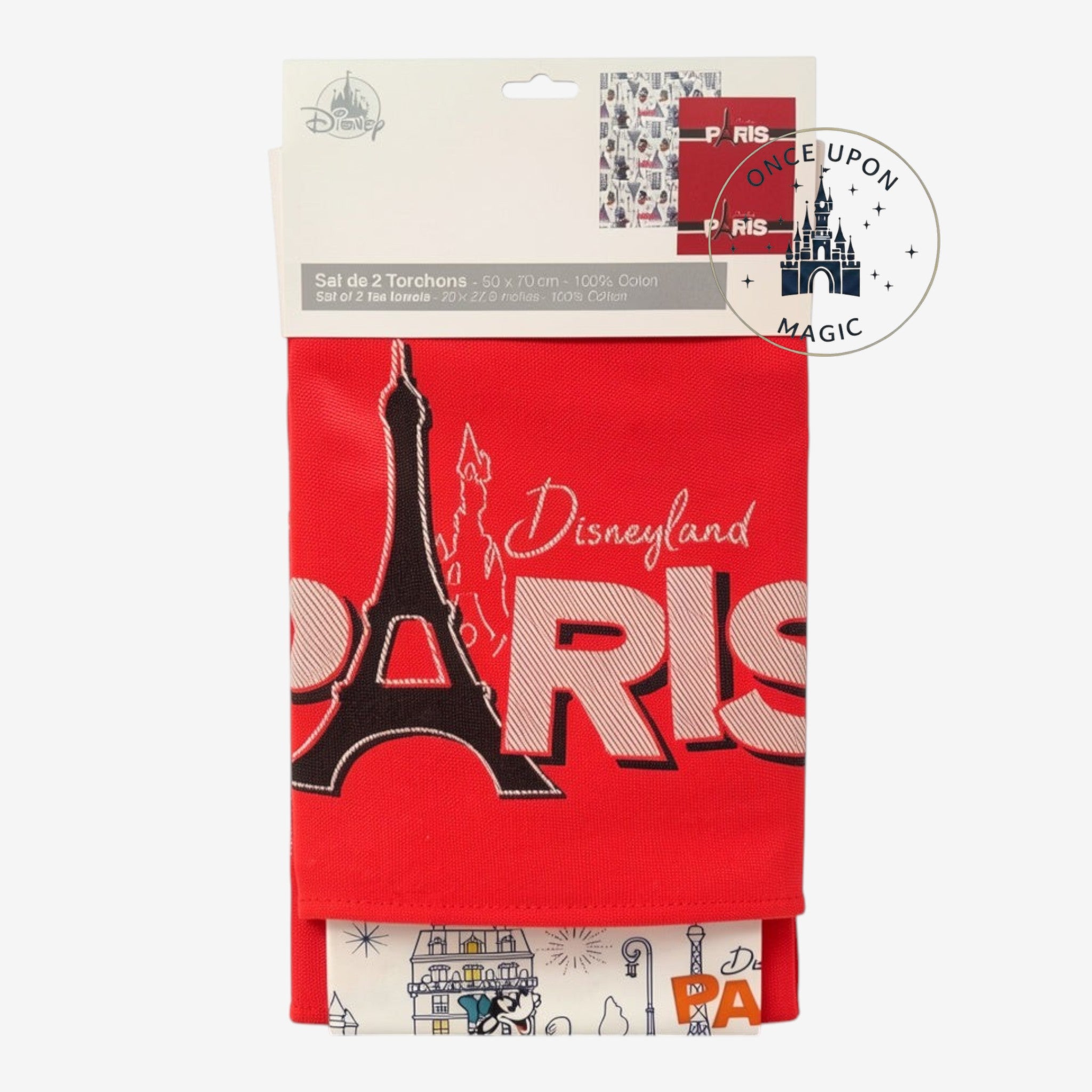 Once Upon Magic set of 2 red cotton tea towels featuring the Eiffel Tower and Disneyland Paris text.