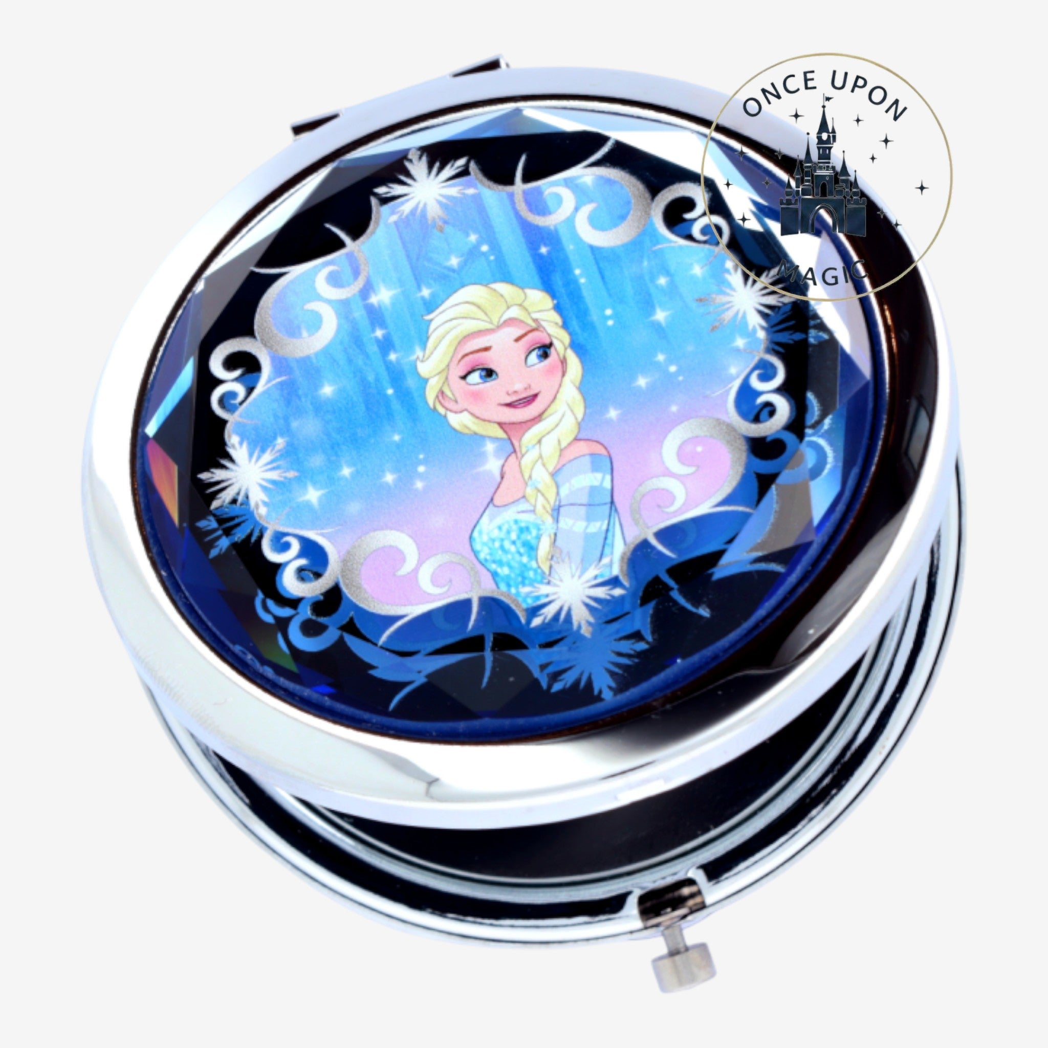 Once Upon Magic Elsa compact mirror with silver finish and blue sparkling winter design. Features Elsa from Frozen.