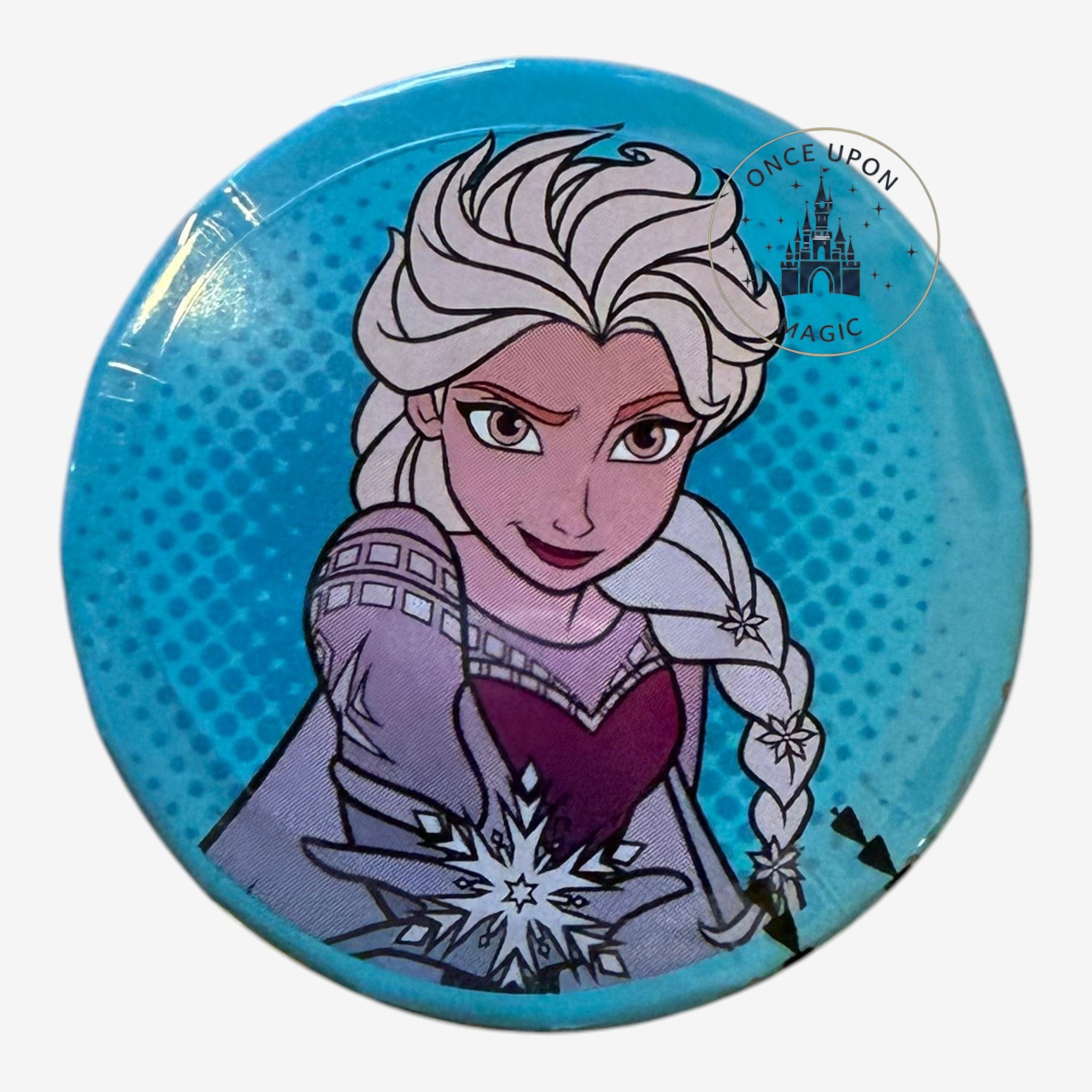 Once Upon Magic round blue Elsa Frozen candy tin with a click-clack lid featuring the Disney character