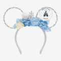 Once Upon Magic Elsa Frozen ears headband with blue flowers, pearl trim, and a silver snowflake crown. Light-up feature.