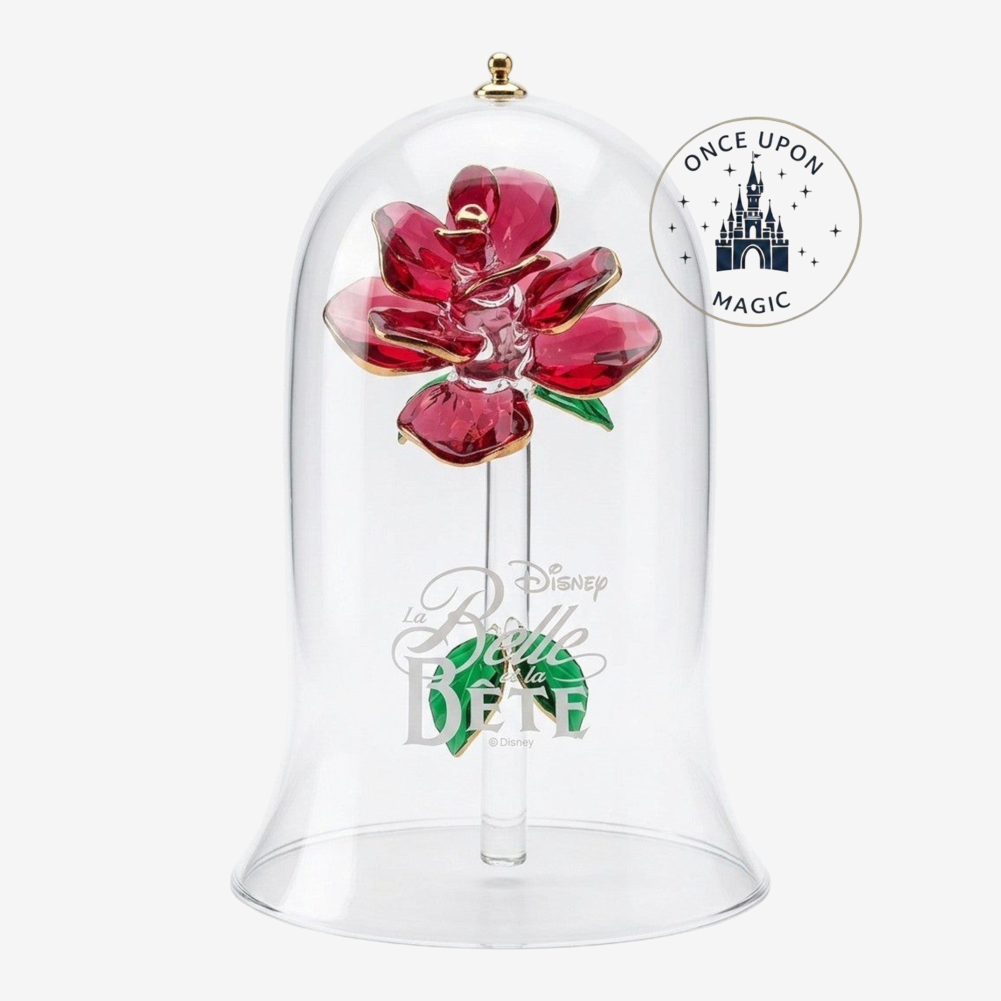 Once Upon Magic Disney Beauty and the Beast Enchanted Rose Dome with ruby red glass rose and gold trim under a glass dome.