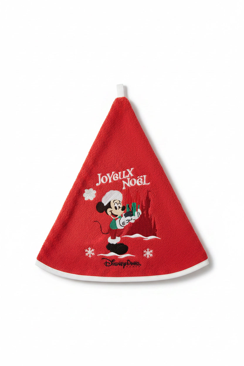 Essuie-mains triangulaire Once Upon Magic rouge et blanc avec Mickey Mouse en tenue de Noël et inscription Joyeux Noël