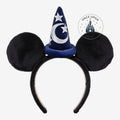 Once Upon Magic black plush Mickey ears with a blue sorcerer hat featuring silver stars and a crescent moon, inspired by Fantasia.