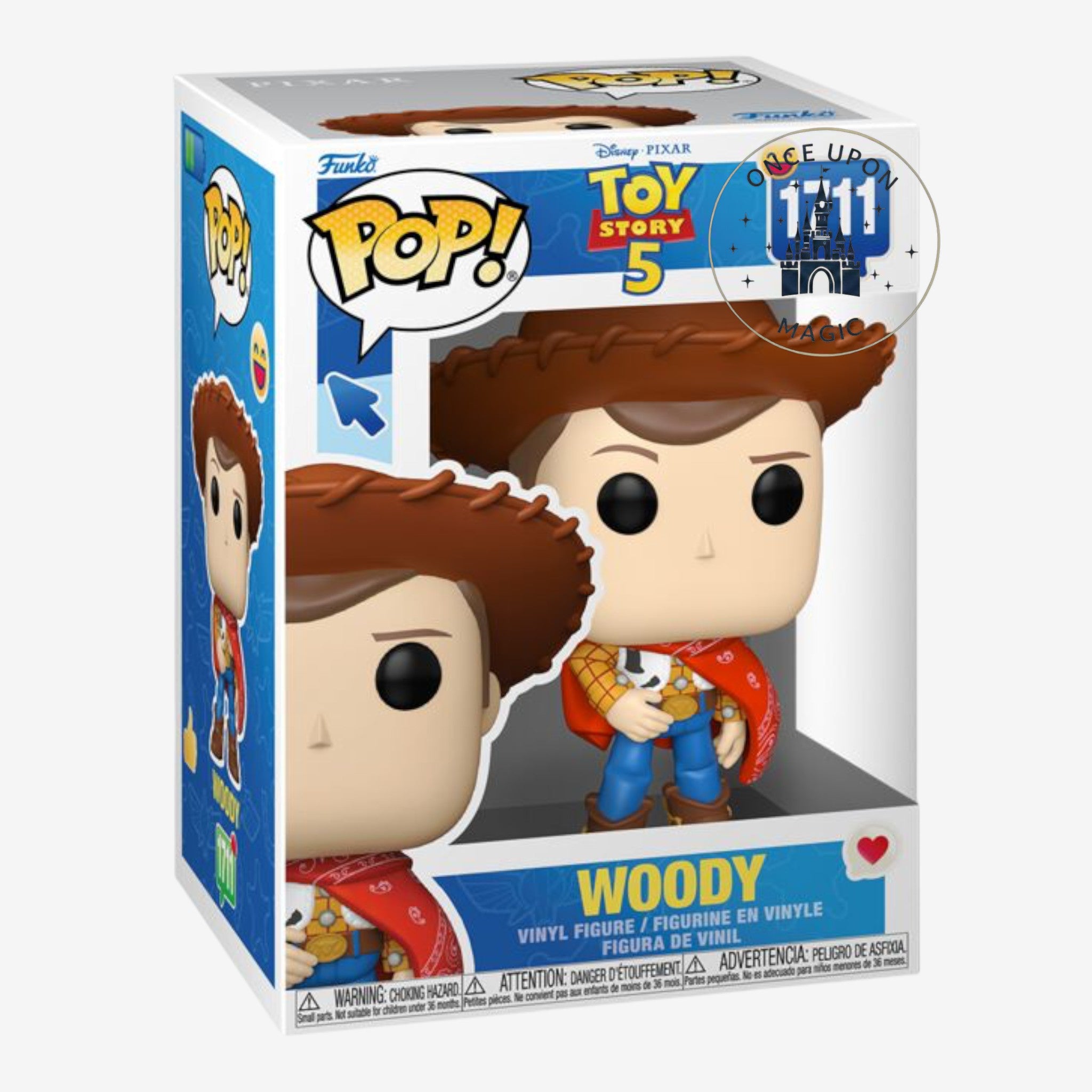 Figurine Pop! Vinyl Woody de Toy Story par Once Upon Magic, avec chemise jaune, gilet, jean bleu, bottes marron et foulard rouge.