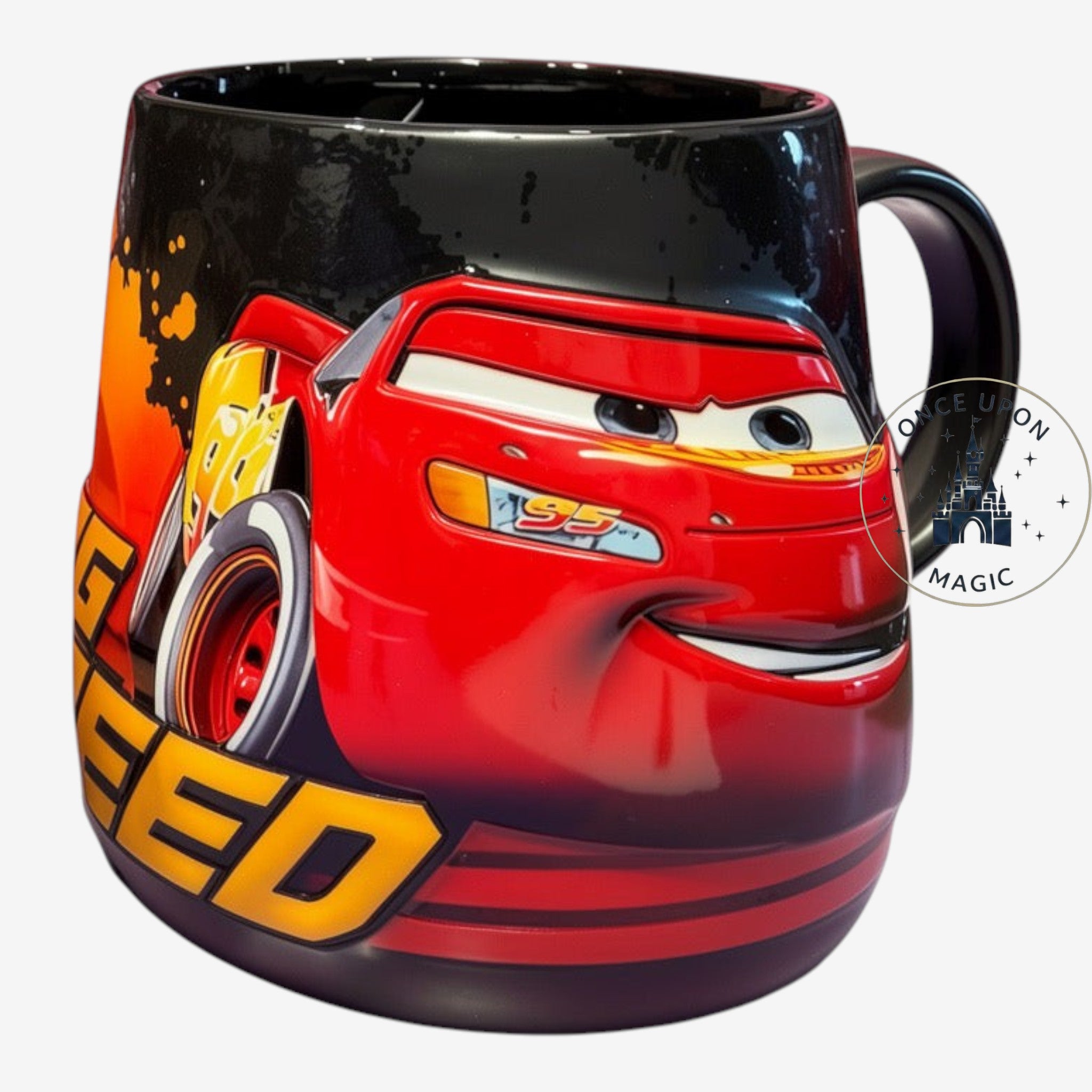Once Upon Magic Disney Pixar Cars Flash McQueen mug featuring number 95 and speed graphics on a black background