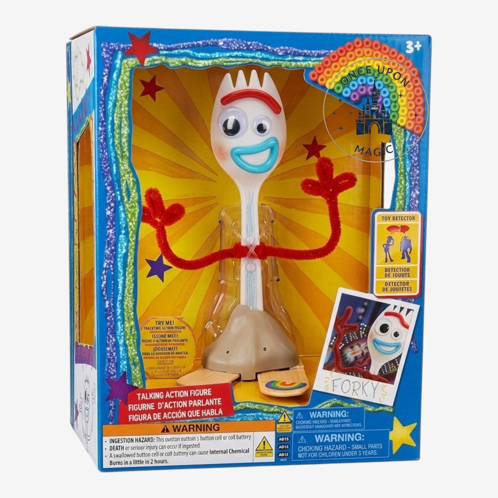 Figurine parlante Forky de Once Upon Magic, en plastique blanc avec bras en cure-pipe rouges, yeux mobiles et bouche bleue.