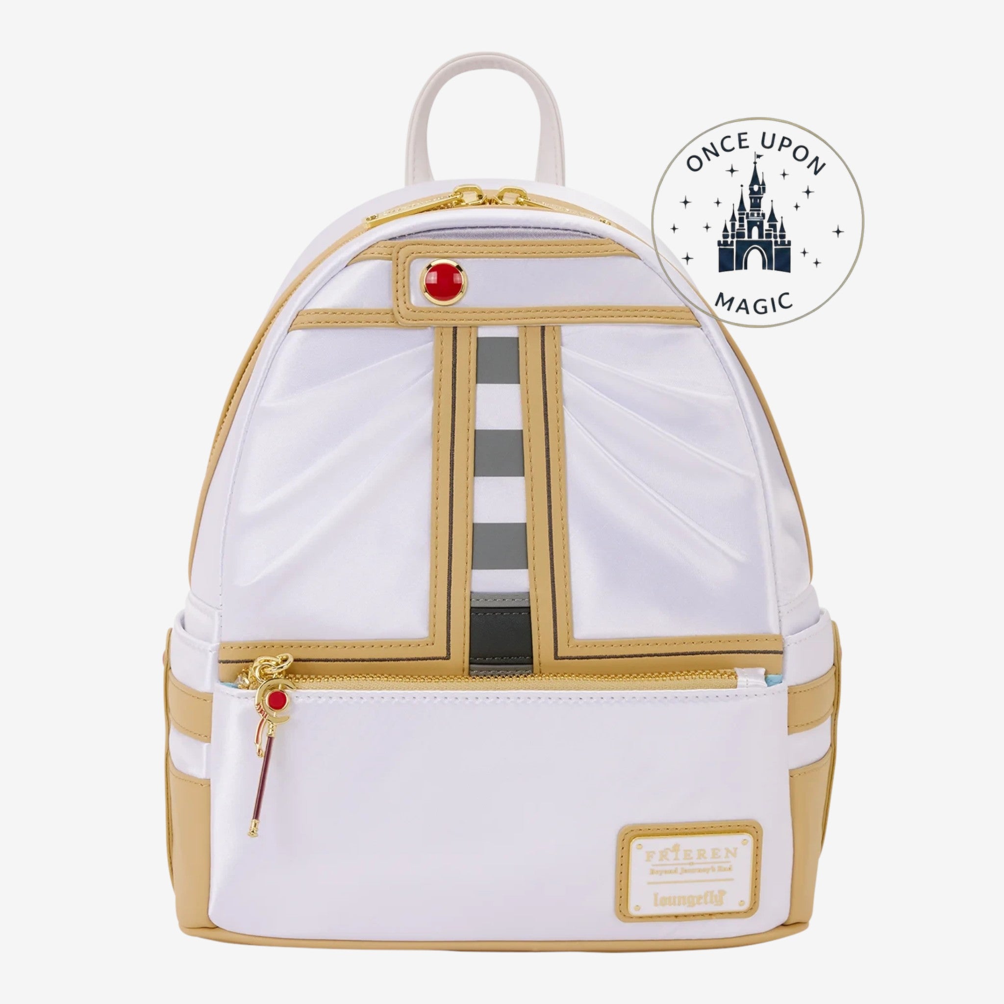 Once Upon Magic Frieren: Beyond Journey's End mini backpack in white vegan leather with gold trim, red gem detail, and Frieren charm.