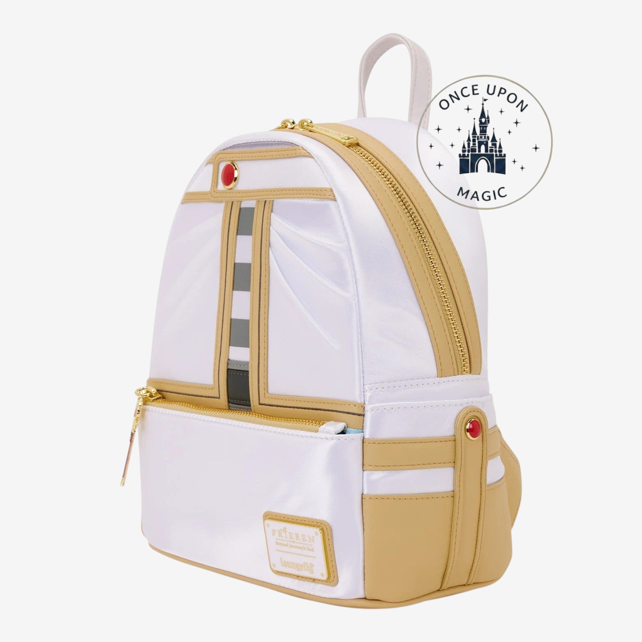 Once Upon Magic Frieren: Beyond Journey's End white and gold vegan leather mini backpack with red gem detail.