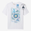 Once Upon Magic white World of Frozen t-shirt featuring Arendelle castle, ice palace, and snowflake graphic print.
