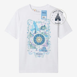 Once Upon Magic white World of Frozen t-shirt featuring Arendelle castle, ice palace, and snowflake graphic print.