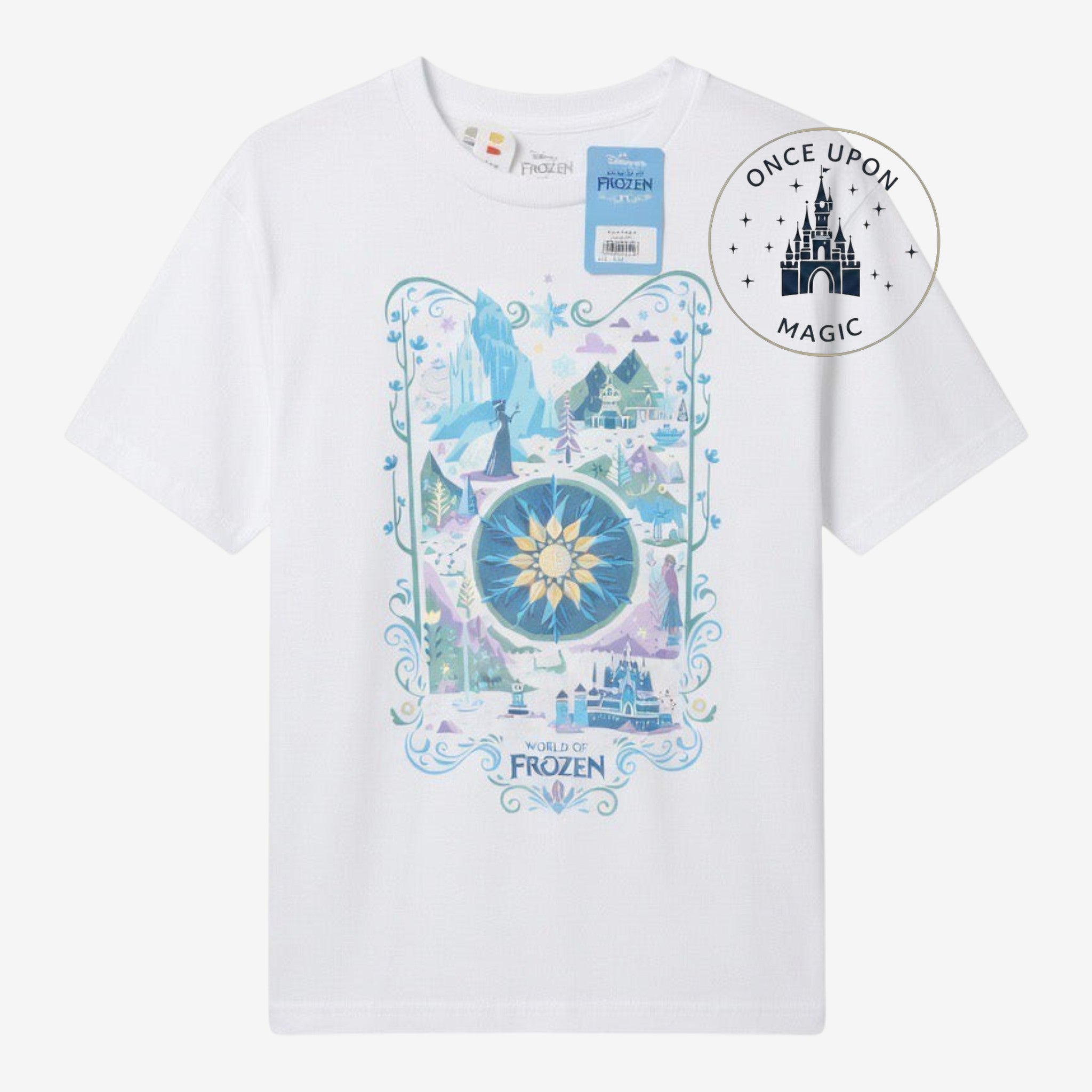 Once Upon Magic white World of Frozen t-shirt featuring Arendelle castle, ice palace, and snowflake graphic print.