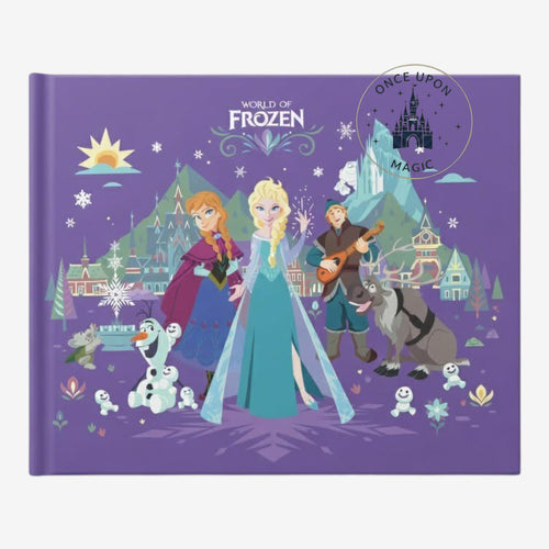 Once Upon Magic Frozen autograph book with Elsa, Anna, Kristoff, Olaf, and Sven. Purple cover with Arendelle castle scene.