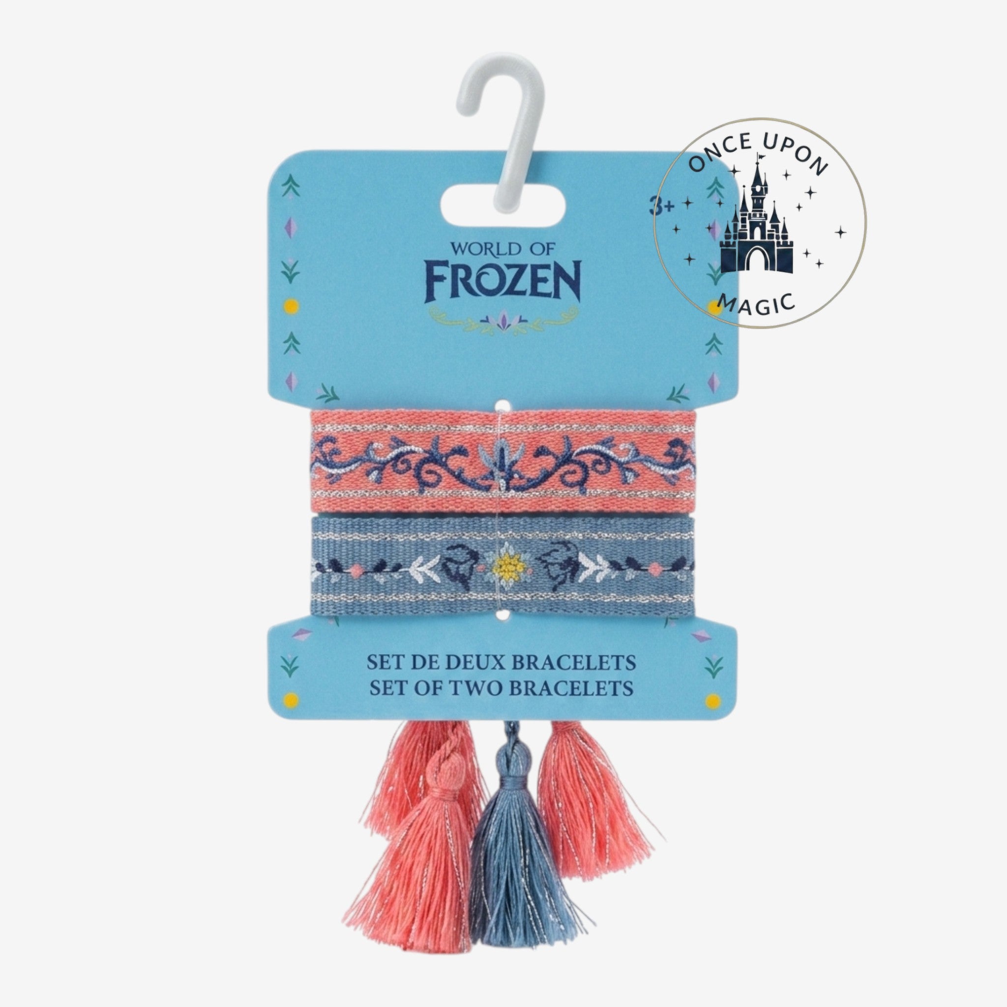 Once Upon Magic Frozen set of two bracelets with coral and blue tassels and embroidered details.
