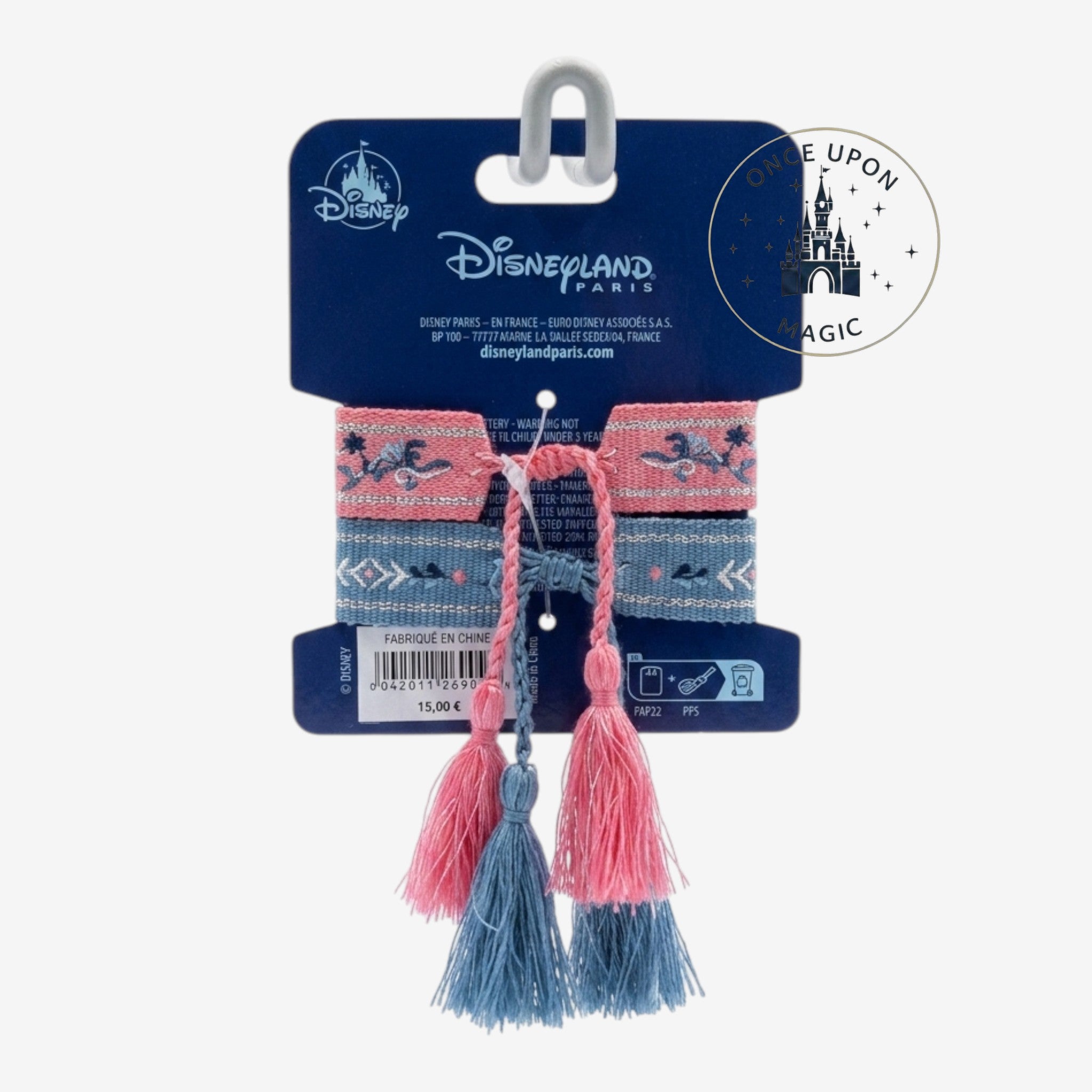 Once Upon Magic Frozen themed bracelets with pink and blue tassels. Features embroidered patterns and Disney branding.