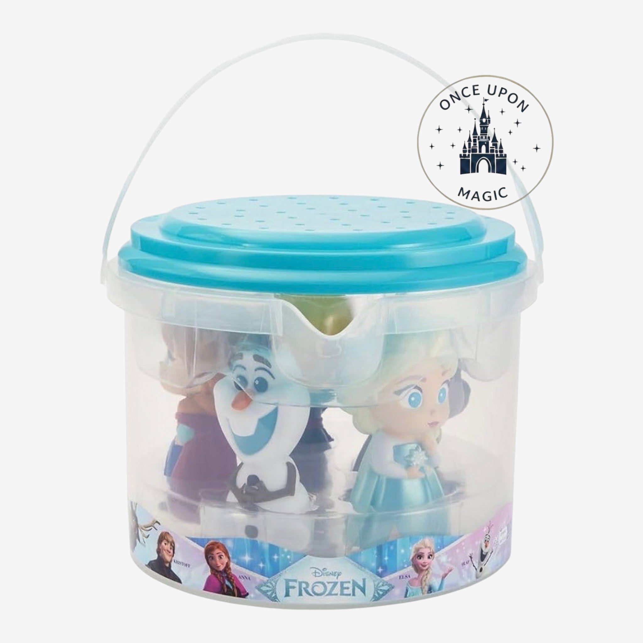 Once Upon Magic Disney Frozen Bath Bucket Playset with Elsa, Anna, Olaf, Kristoff, and Sven figures. Clear bucket with blue lid.