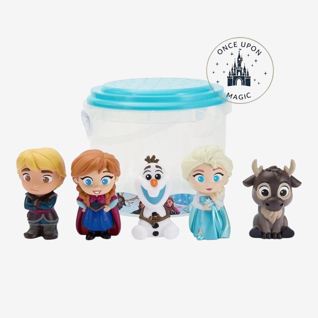 Once Upon Magic Disney Frozen playset with Elsa, Anna, Olaf, Kristoff, and Sven figures in a clear bucket with blue lid.