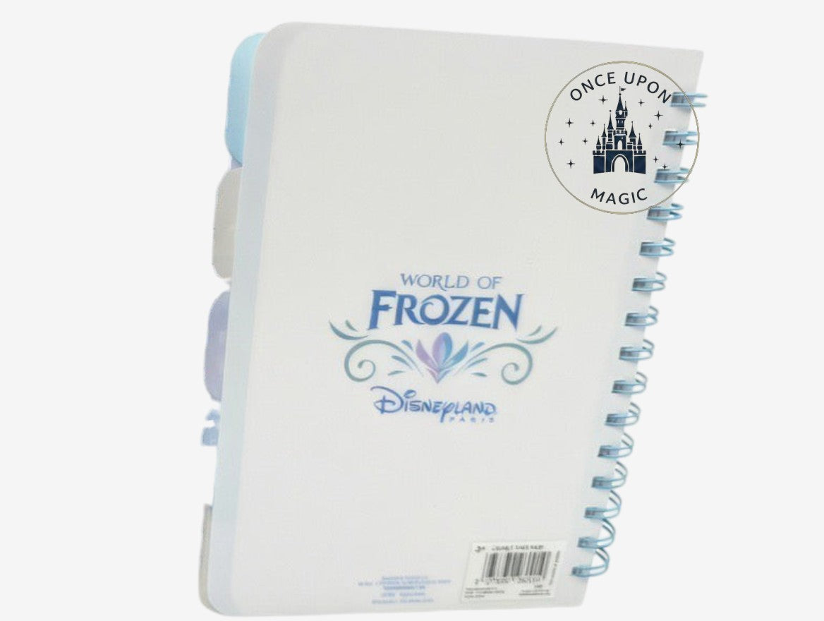 Once Upon Magic Frozen World of Frozen Disneyland Paris spiral notebook with Arendelle castle and ice palace illustrations.