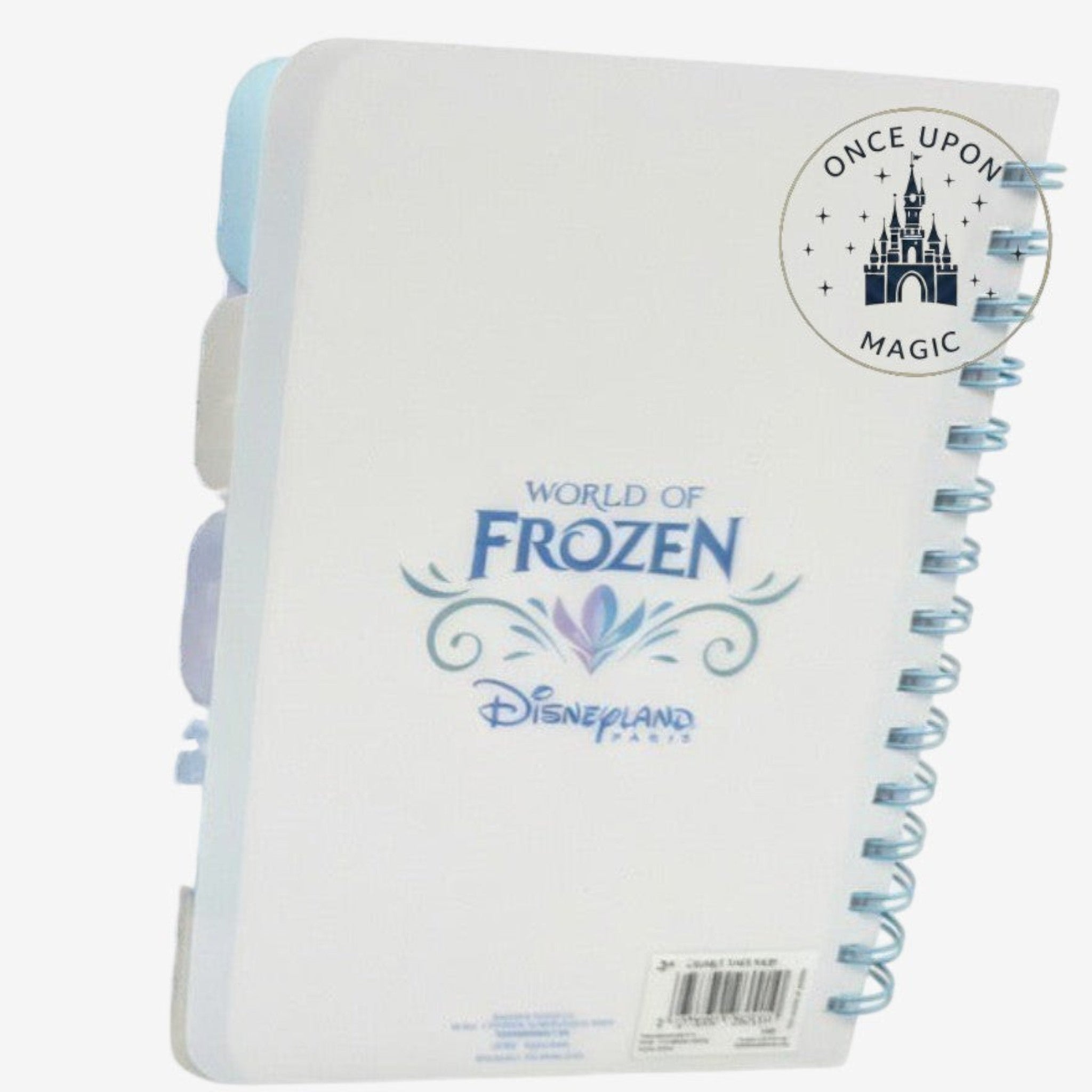 Once Upon Magic Frozen World of Frozen Disneyland Paris spiral notebook with Arendelle castle and ice palace illustrations.