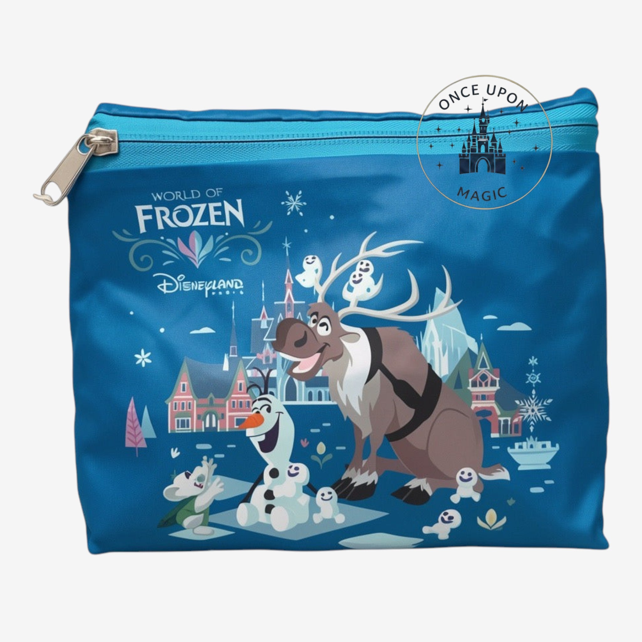 Once Upon Magic World of Frozen Disneyland Paris blue zippered pouch with Olaf, Sven, and snowgies.