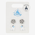 Once Upon Magic Disney Frozen earring set featuring silver snowflake studs and cute Olaf character studs on display card