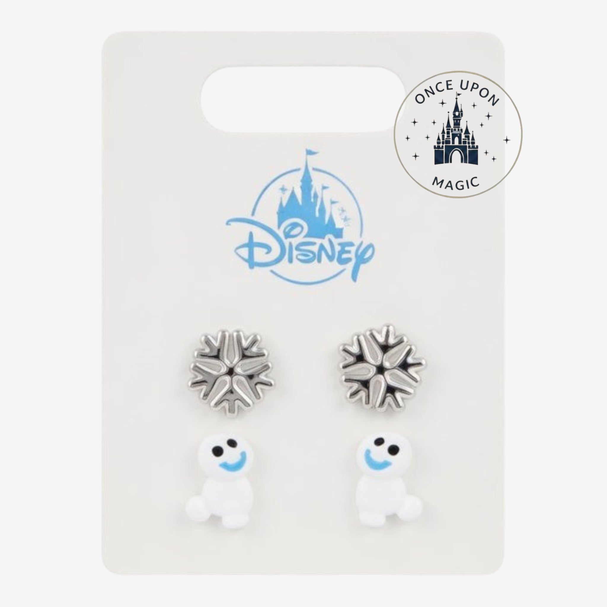 Once Upon Magic Disney Frozen earring set featuring silver snowflake studs and cute Olaf character studs on display card