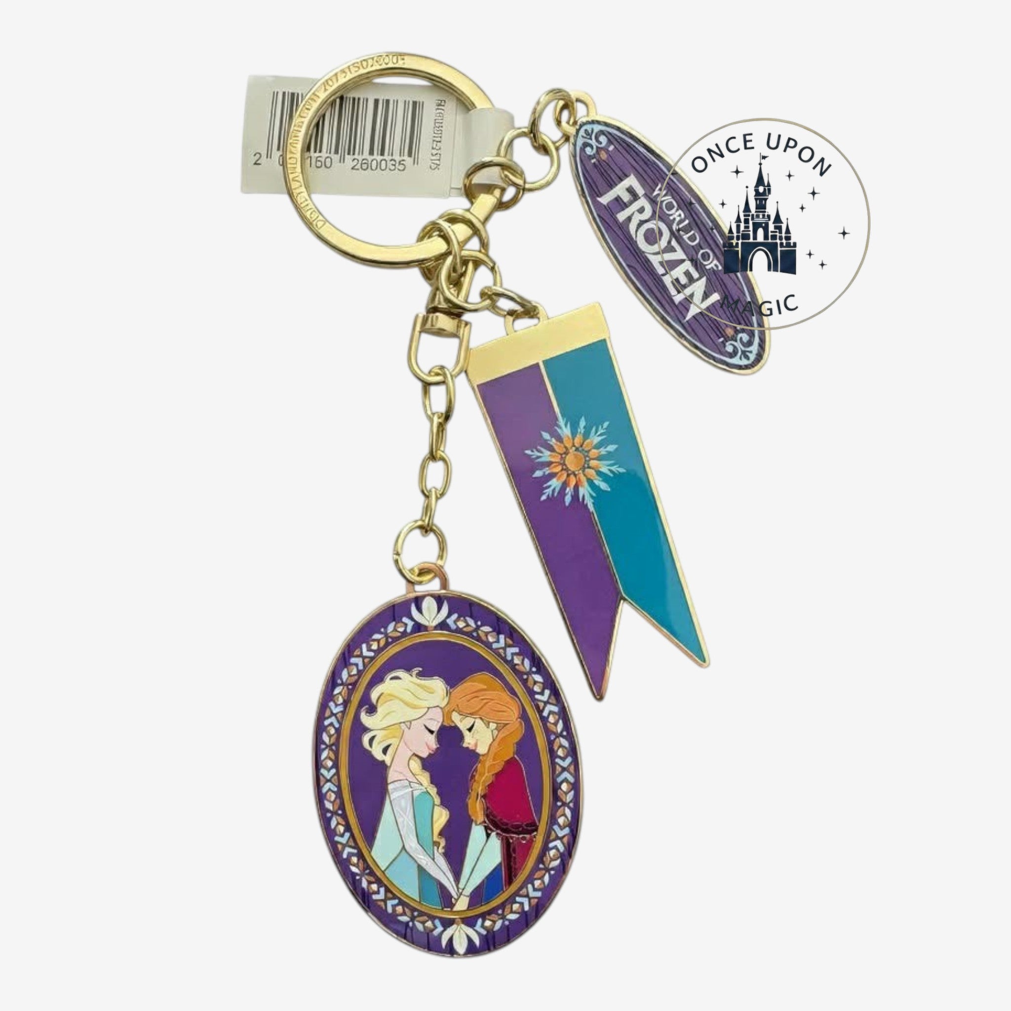 Once Upon Magic World of Frozen keychain with Elsa and Anna, purple and blue banner, gold finish.