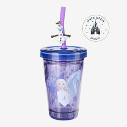Once Upon Magic Frozen Elsa and Olaf tumbler with straw featuring a purple glitter design and 3D Olaf figure