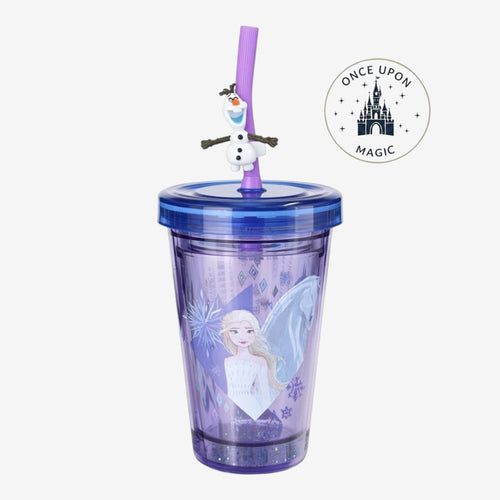 Once Upon Magic Frozen Elsa and Olaf tumbler with straw featuring a purple glitter design and 3D Olaf figure