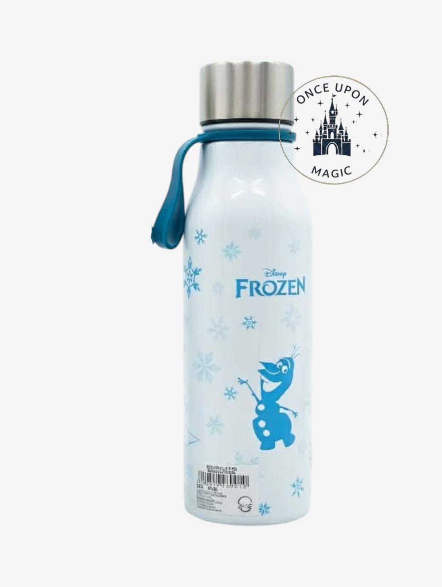 Once Upon Magic white water bottle with blue Frozen graphics of Elsa and Olaf, Disneyland Paris logo, and snowflakes.