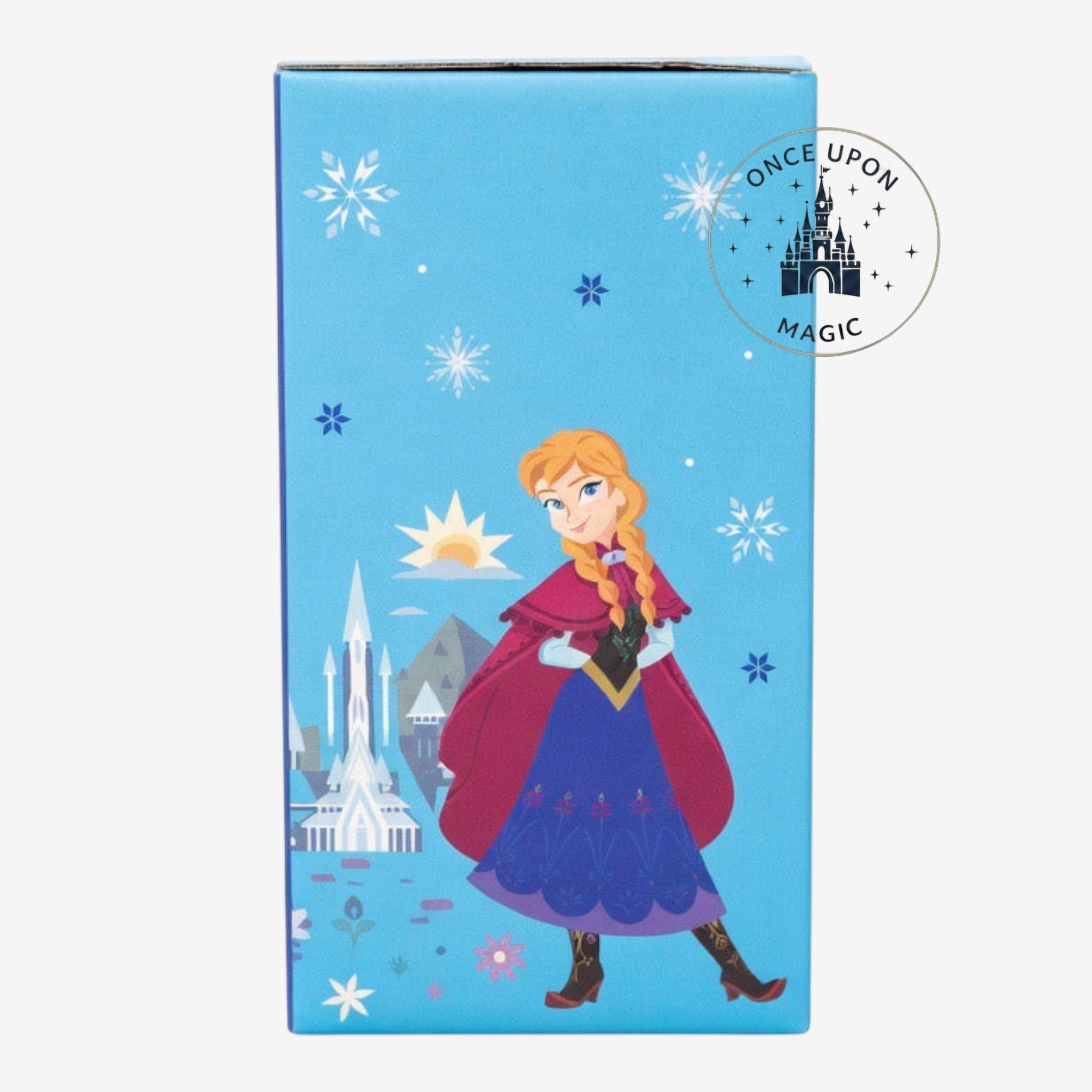 Once Upon Magic Frozen Ever After Anna figurine box featuring Arendelle castle and snowflake illustrations
