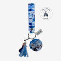 Once Upon Magic Frozen keychain with Elsa, Anna, Olaf charms and blue geometric strap.