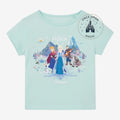 Once Upon Magic pastel mint green Frozen graphic t-shirt featuring Elsa, Anna, Kristoff, and Olaf for kids.