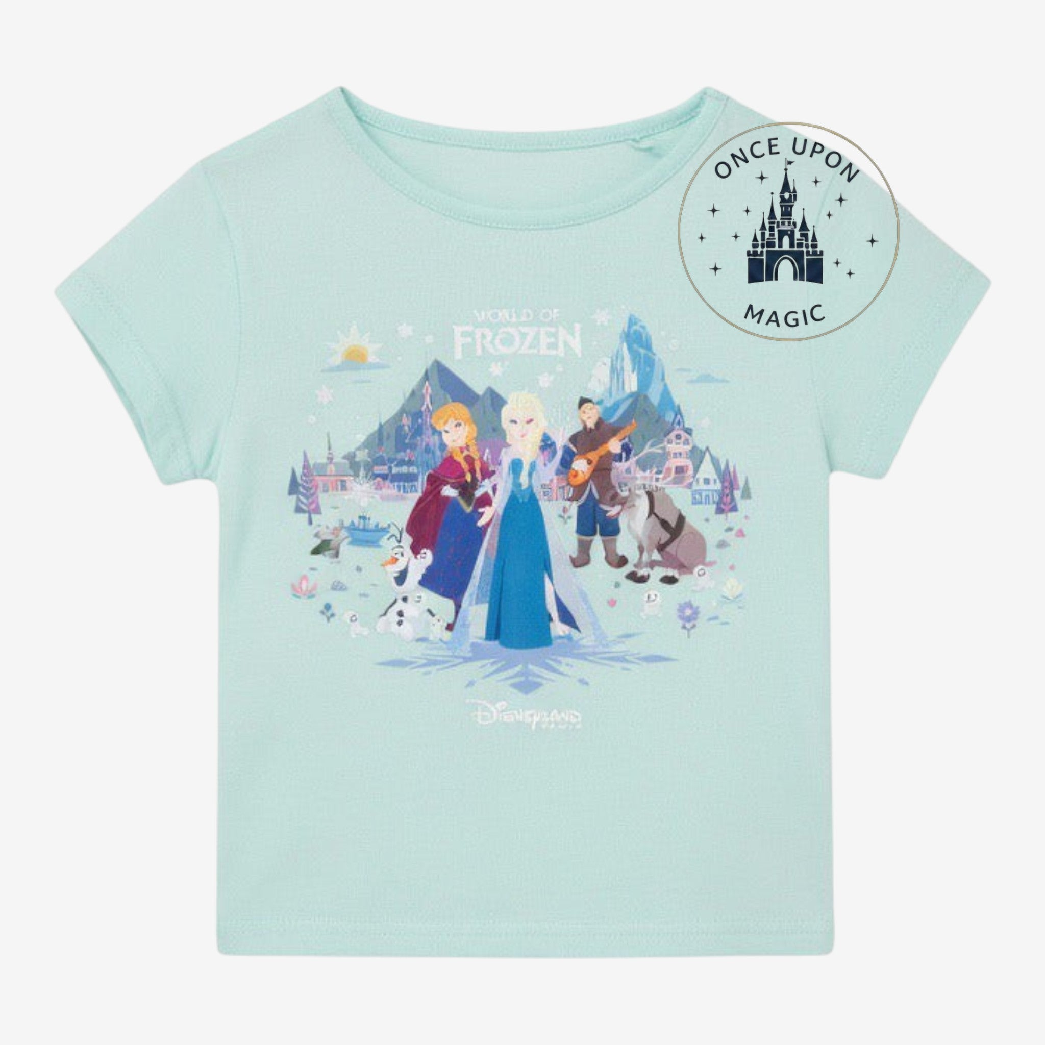 Once Upon Magic pastel mint green Frozen graphic t-shirt featuring Elsa, Anna, Kristoff, and Olaf for kids.