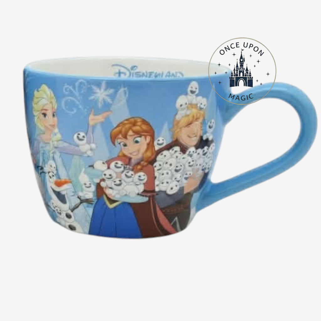 Once Upon Magic blue ceramic mug featuring Elsa, Anna, Kristoff, and Olaf from Frozen with snowmen.