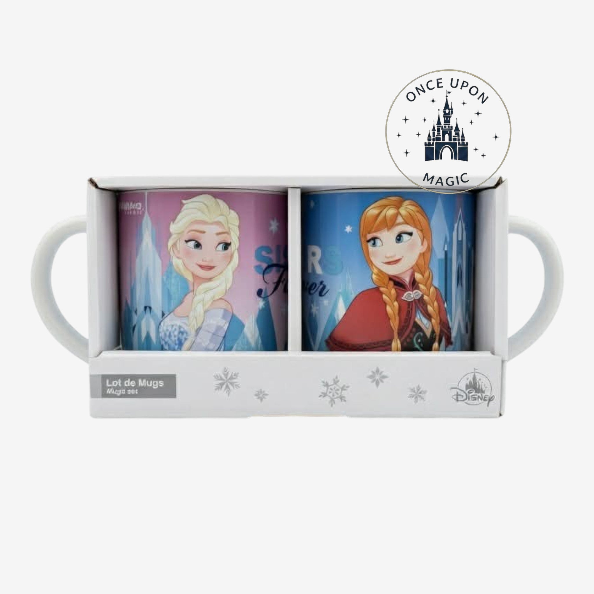 Once Upon Magic set of 2 Frozen mugs featuring Elsa and Anna with castle and snowflake designs. Ceramic.