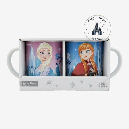 Once Upon Magic set of 2 Frozen mugs featuring Elsa and Anna with castle and snowflake designs. Ceramic.
