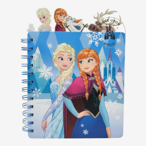 Once Upon Magic Frozen spiral notebook featuring Elsa and Anna with character bookmarks of Elsa, Anna, Olaf and Sven.