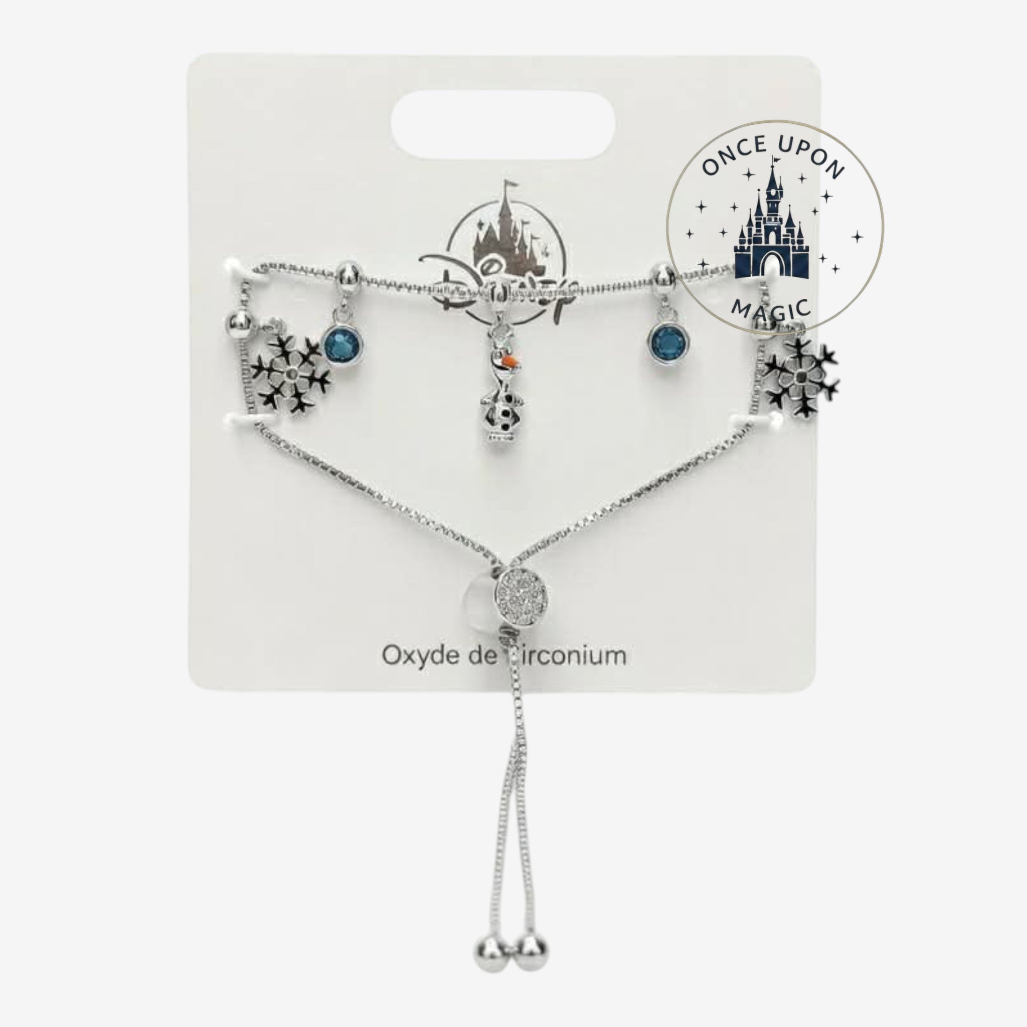 Once Upon Magic Frozen bracelet featuring an Olaf charm, snowflake charms, blue stones, and cubic zirconia accents.