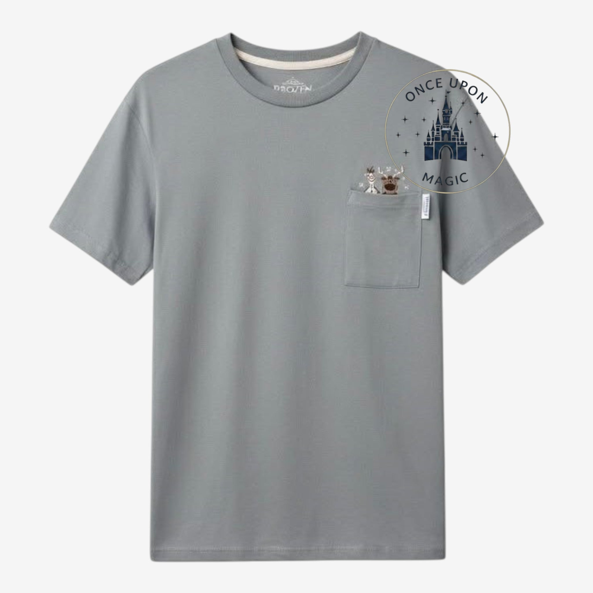 Once Upon Magic light grey t-shirt with Olaf and Sven peeking out of the chest pocket. Cotton blend.