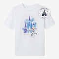 Once Upon Magic white t-shirt with Olaf and Arendelle castle graphic from Frozen. Features blue accents and snowflakes.