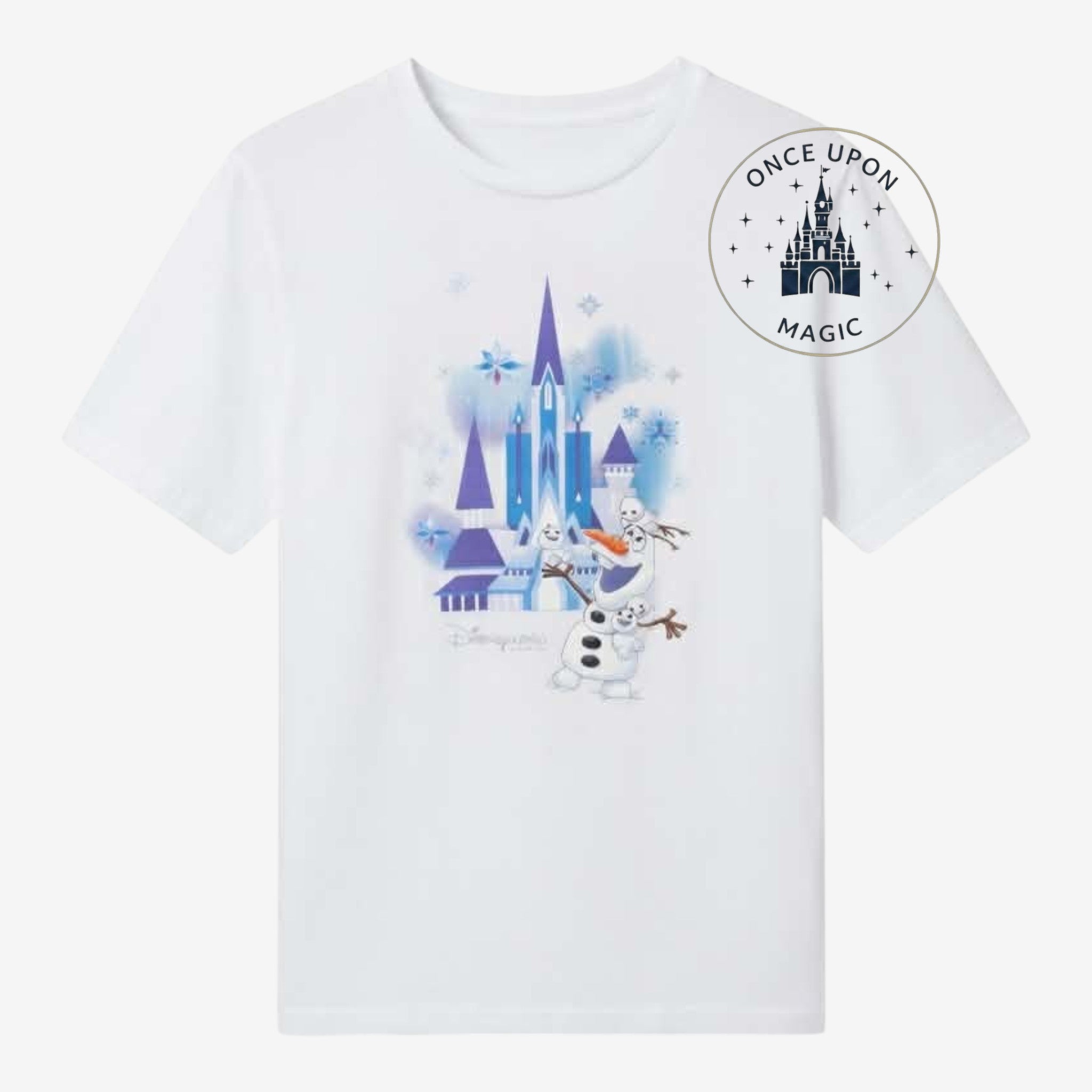 Once Upon Magic white t-shirt with Olaf and Arendelle castle graphic from Frozen. Features blue accents and snowflakes.