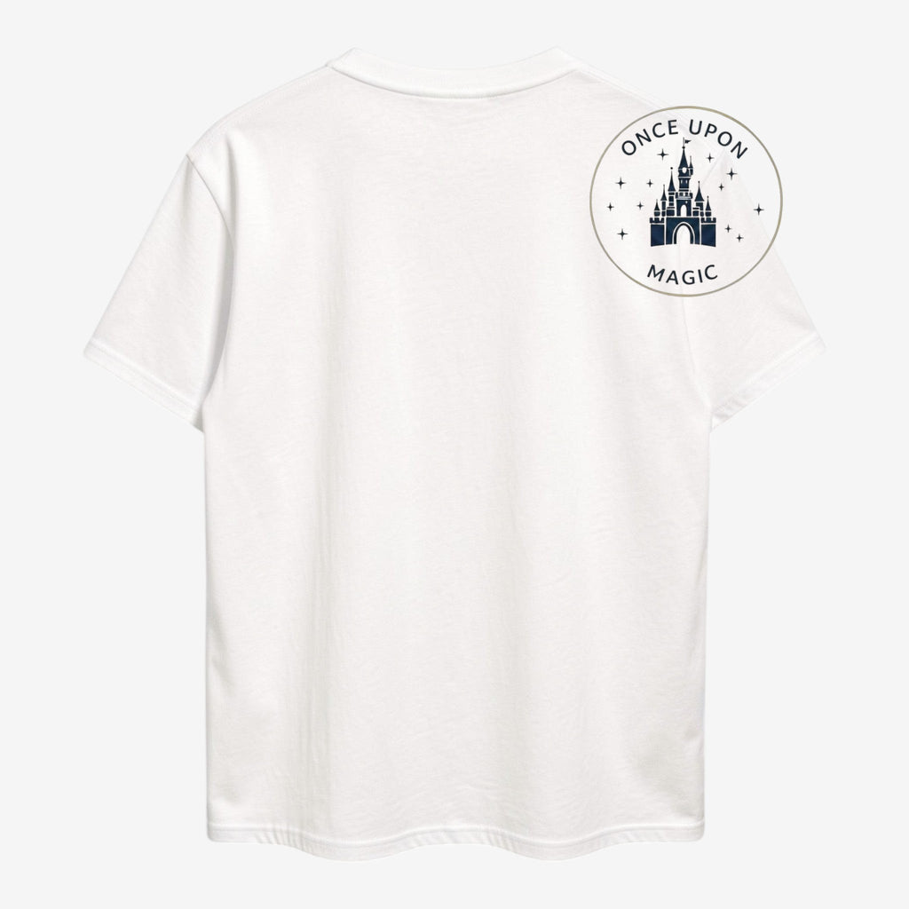 Once Upon Magic white t-shirt with a navy blue "World of Frozen" castle logo on the upper back.