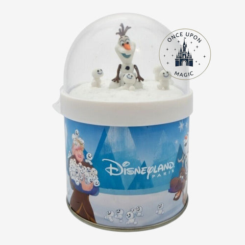 Once Upon Magic Olaf and Snowgies tin with dome lid, featuring Disneyland Paris Frozen theme. Collectible souvenir.