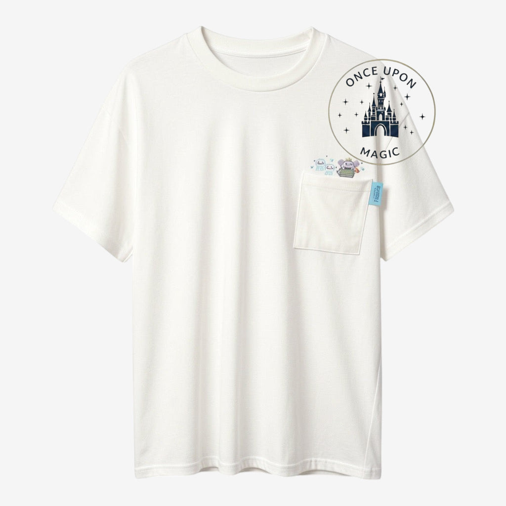Once Upon Magic white cotton t-shirt with a chest pocket featuring Olaf from Frozen and a castle graphic.