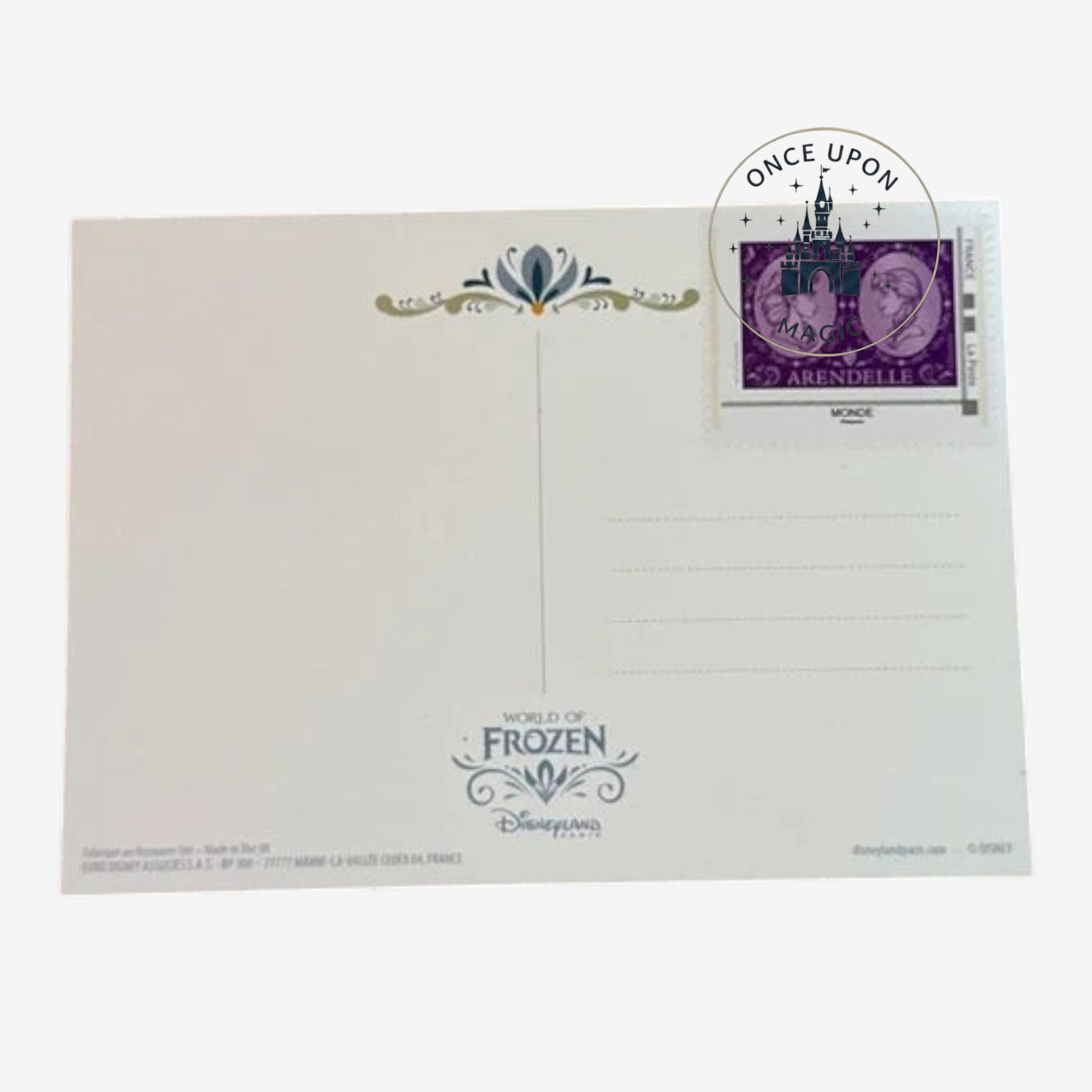 Once Upon Magic Frozen Arendelle Snowflower Festival postcard back with decorative flourishes and faux stamp design