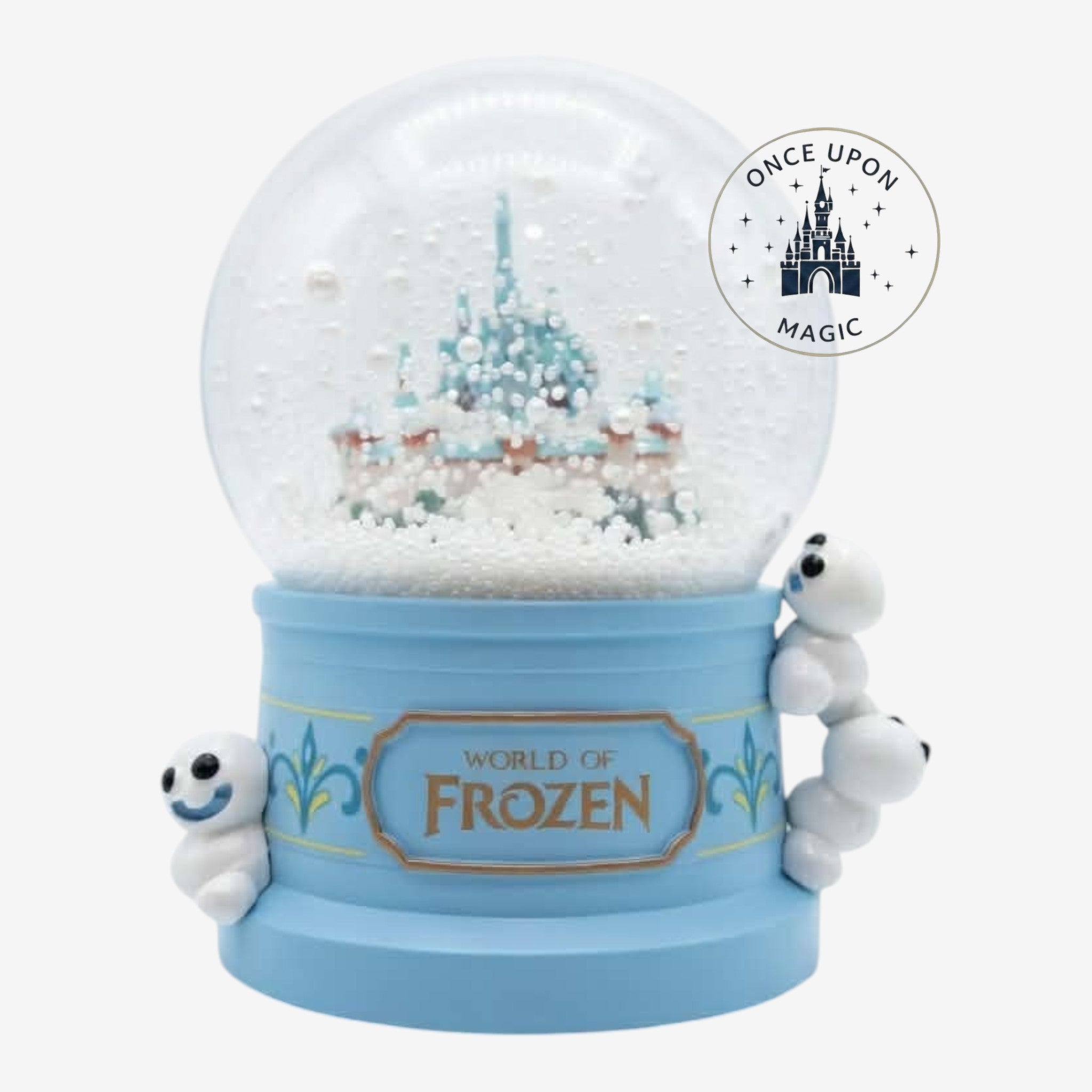 Once Upon Magic World of Frozen snow globe with a castle and swirling snow. Features Olaf-like figures on the base.
