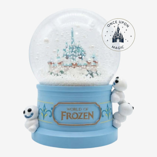 Once Upon Magic World of Frozen snow globe with a castle and swirling snow. Features Olaf-like figures on the base.